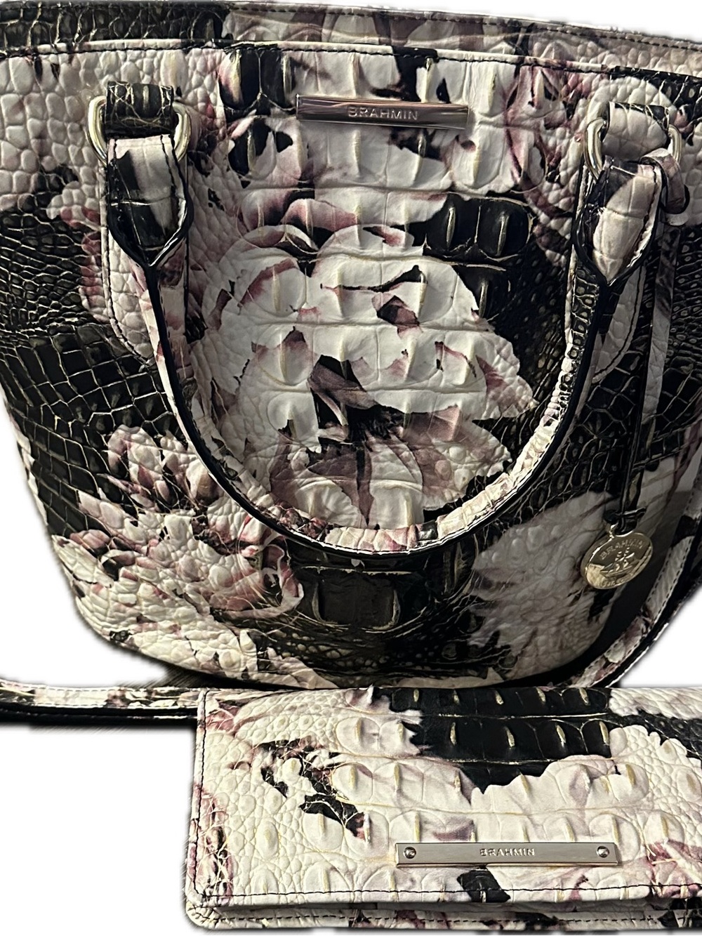 Brahmin Black, White & Soft Pink Floral Croc-Embossed Tote with Wallet